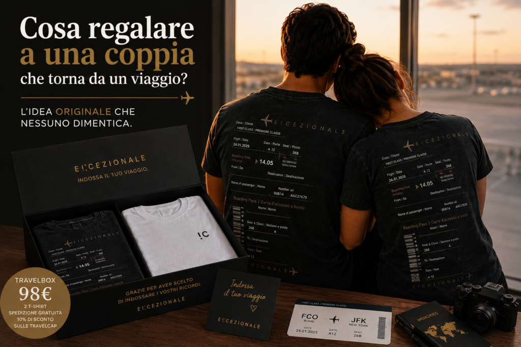 TravelBox E!CEZIONALE con t-shirt personalizzate ispirate al biglietto aereo, idea regalo originale per una coppia che torna da un viaggio